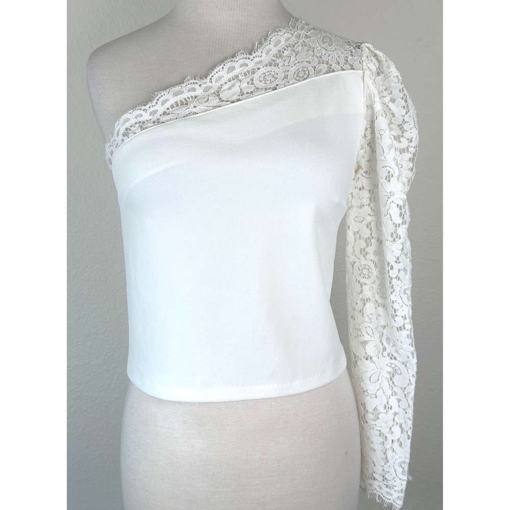 Express One Shoulder Lace Sleeve Crop Top Ivoryā Cream Puff Sleeve Blouse S